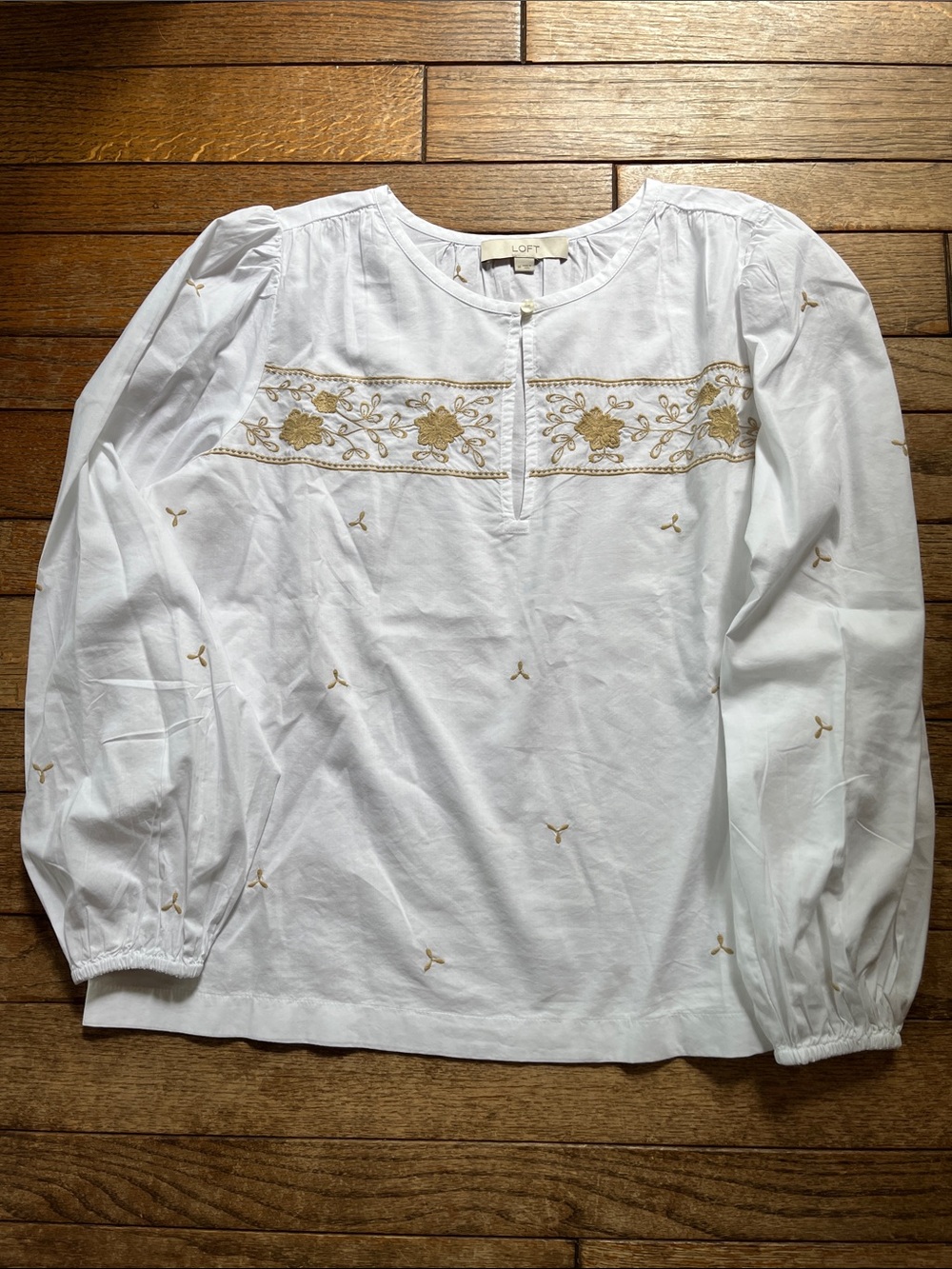 LOFT White Blouse with Gold Floral Embroidery